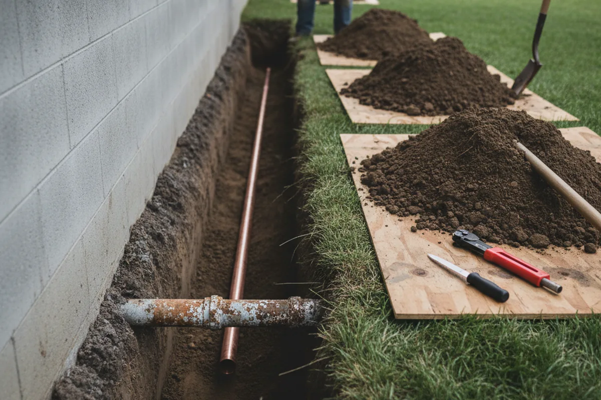 Excavated water line trench during Sewer Line Repair in Dryden